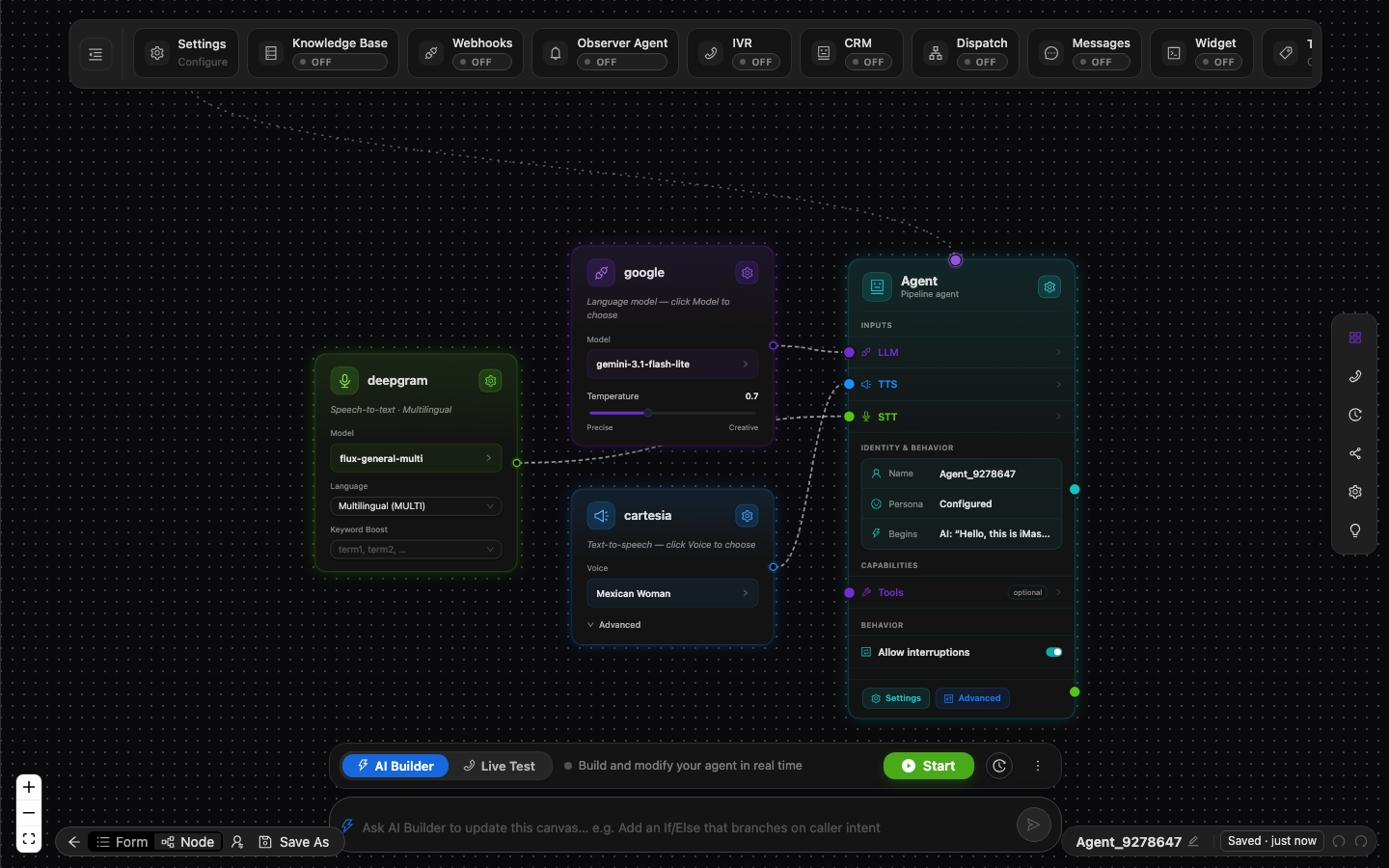 The visual agent builder showing LLM, TTS, and STT cards connected to the Agent node