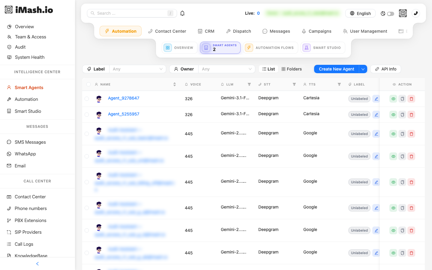 Smart Agents list with the Create New Agent button