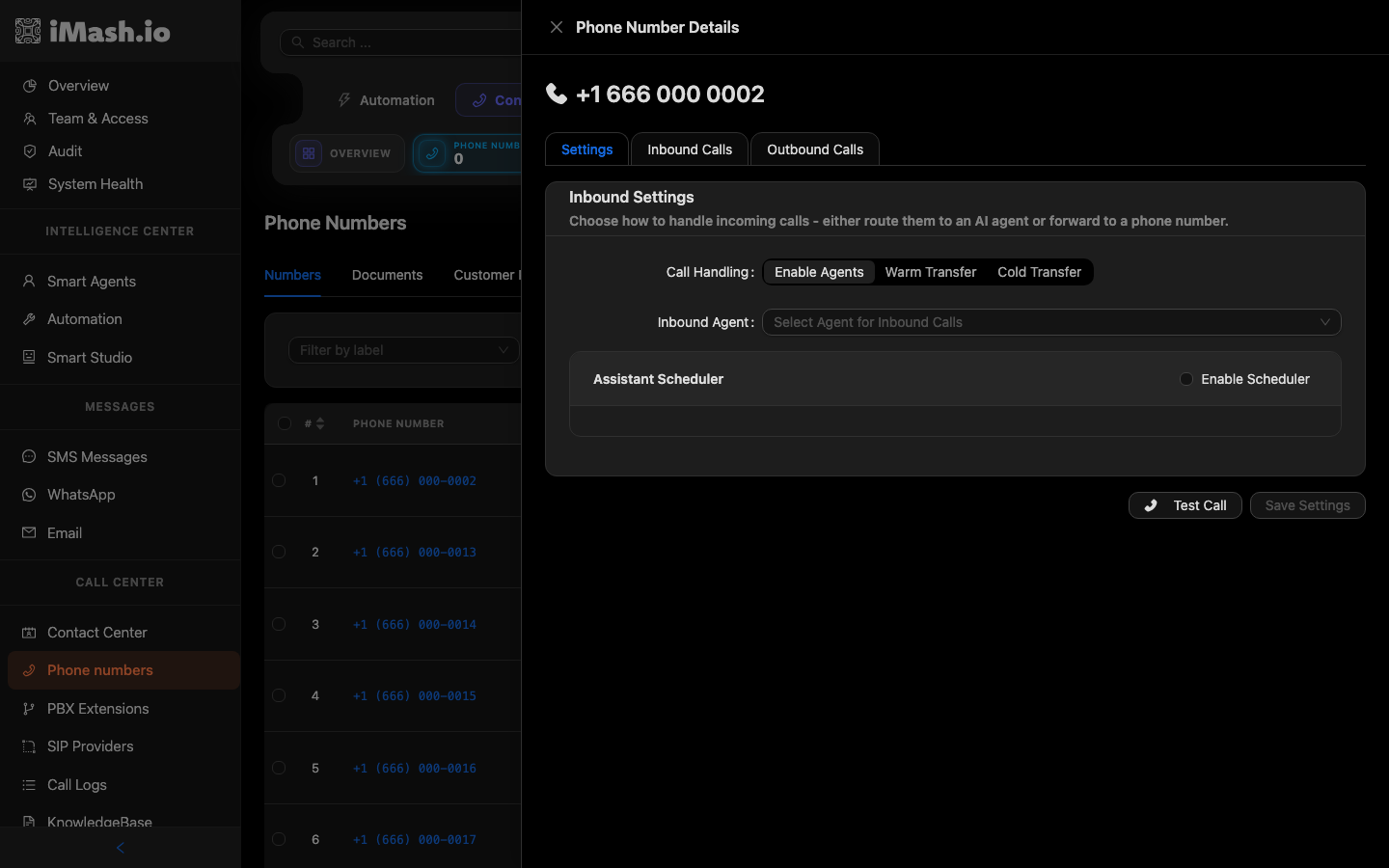 Phone Number Details panel with Call Handling and Inbound Agent settings