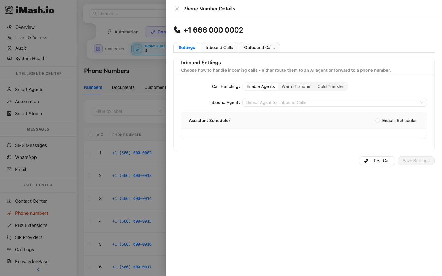 Phone Number Details panel with Call Handling and Inbound Agent settings
