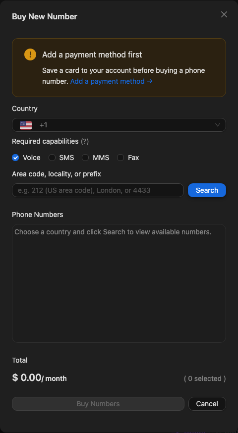 The Buy New Number modal with country, capabilities, and area code search