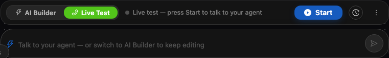 The Live Test bar with the Start button in the agent builder